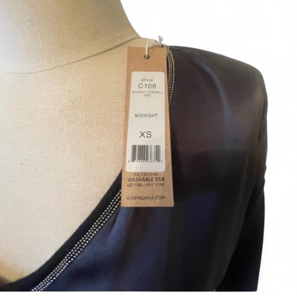 Navy Long-Sleeve Shirt blue v neck silver trim New by GO SILK XS Cotton back NWT - Picture 3 of 6